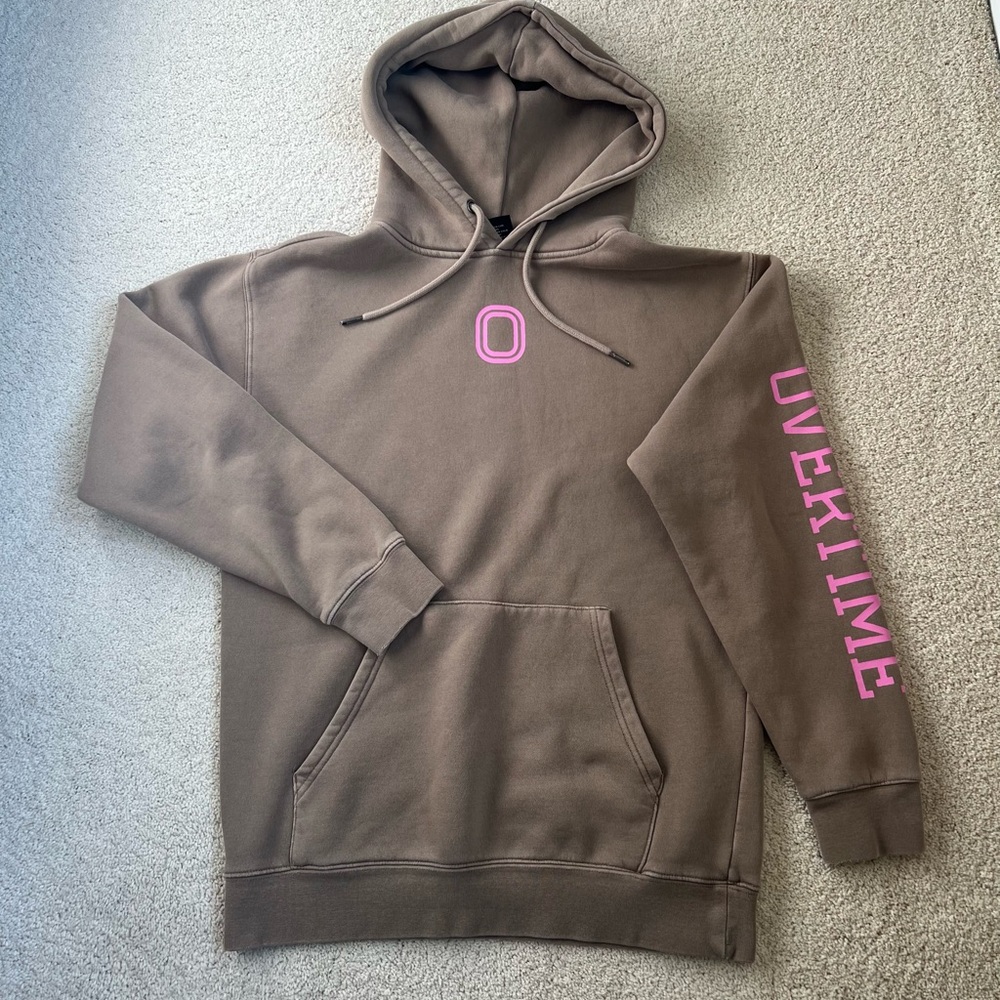Overtime Brown Hoodie with Pink Lettering